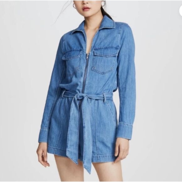 Veronica Beard Pants - Women Veronica Beard Keenan Utility Chambray Romper in Denim Blue Size Medium